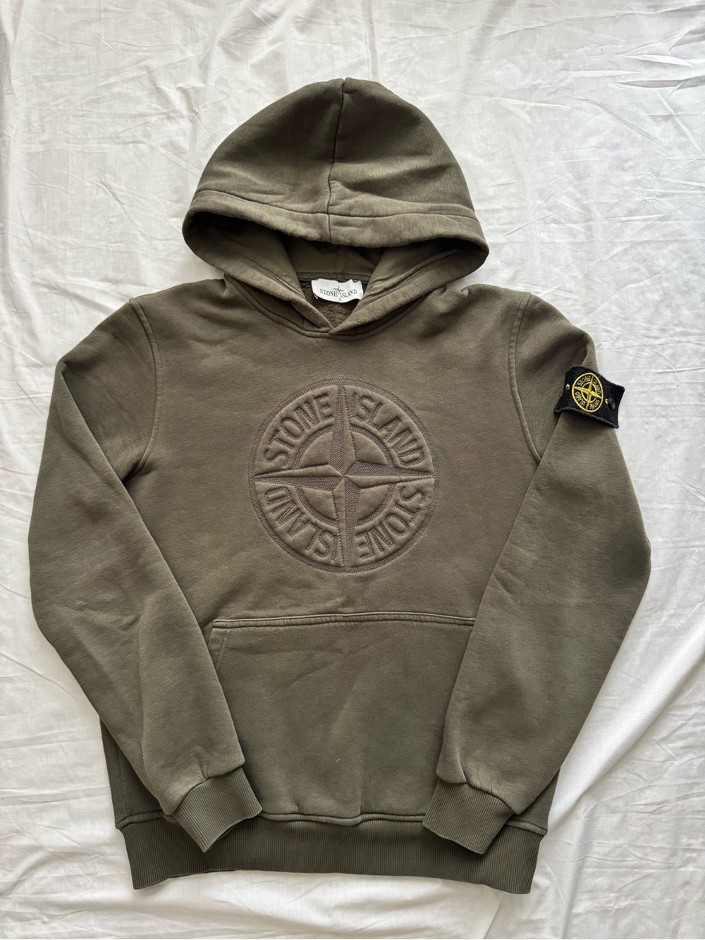 Stone Island Olive Green Compass Logo Hoodie Size S 100% Cotton Pullover